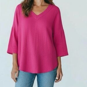 Sea Breeze Hot Pink Cotton Top Size Medium 3/4 Sleeve V-Neck